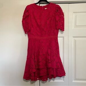 Shoshanna Red Lace Overlay Short Sleeve Lined Ruffle Tiered Dress Size 10
